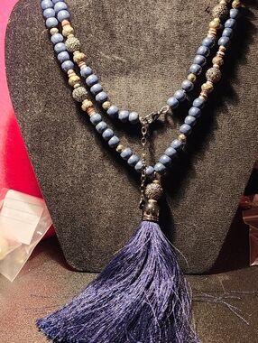 Beaded Tassel Necklace in Deep Blue - Designer Style